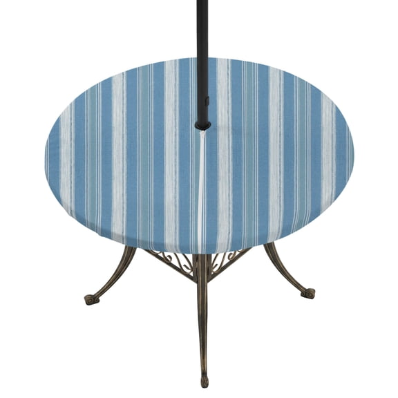 Round Outdoor Tablecloth with Umbrella Hole and Zipper, Sky Blue Stripes Tablecloth with Elastic Waterproof, Farmhouse Vertical Striped Vintage Patio Table Covers for 31" - 35" Picnic Pool Tables