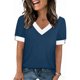 thumbnail image 1 of Mujeres Tops Casual Color Bloque Manga Corta V Cuello Blusa Moda Verano Primavera Respirable, 1 of 9