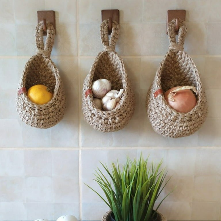 Wall Hanging Vegetable Fruits Storage Baskets Natural Wicker Woven Kitchen  Shelf