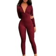 thumbnail image 3 of Women Long Sleeve Ribbed Jumpsuit Zip Up Front Workout Bodycon Romper Wine Red XL, 3 of 6