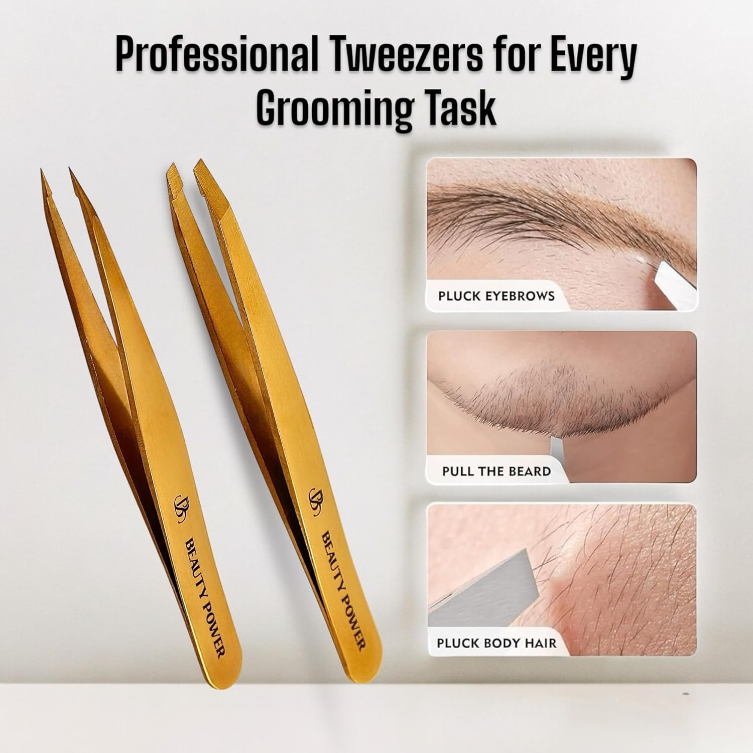 Beauty Power Precision Tweezers for Women Facial Hair & Men - Professional Tweezers Set with Slant & Point Tips, German Stainless Steel, PU Leather Travel Case, Lightweight & Ultra Precision - Gold