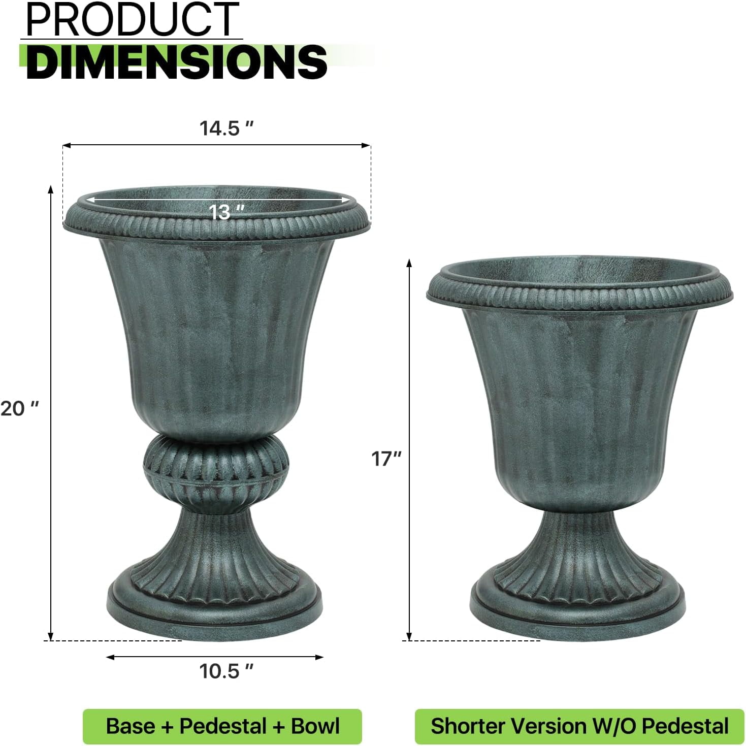 WLTER 20" Urn Planter for Outdoor and Indoor Plants, Large Decorative Front Porch Planter, Vintage Grecian Flower Pot for Patio, Garden & Entryway Décor, Antique Green