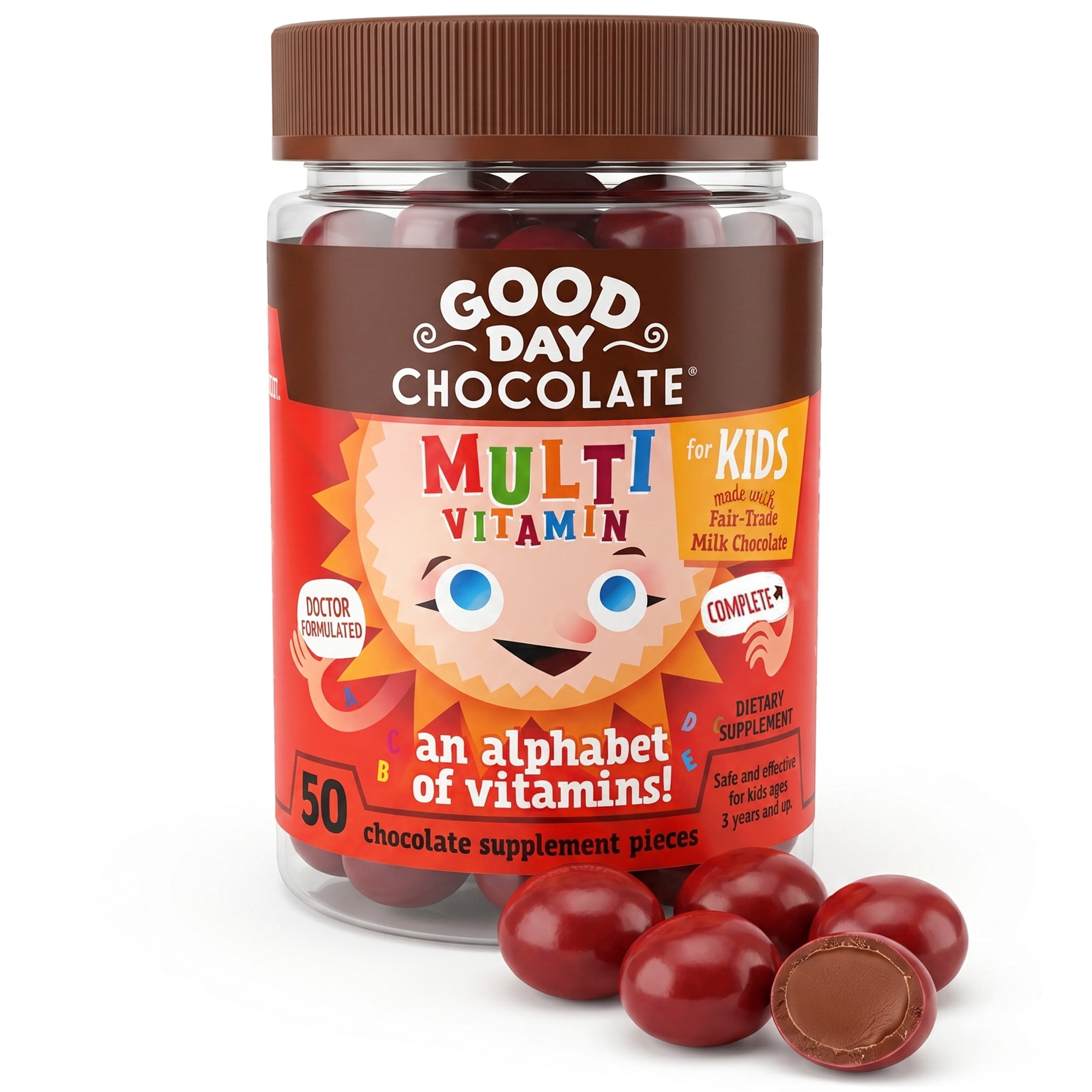 Good Day Chocolate Kids Multivitamin, Vitamins A, B6, B12, C, D E with Folate and Biotin, Milk Chocolate | 50 Count | Non-GMO, Fair Trade, Doctor-Founded