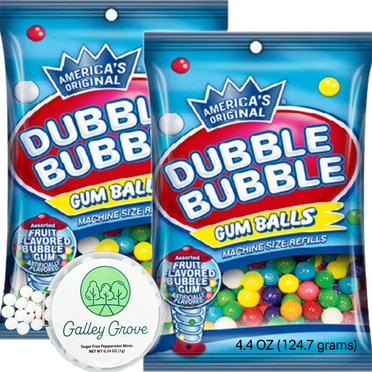Dubble Bubble Mini Gumball Machine Refills 4.4 oz Bag (2-PACK), 1/2 inch 13mm Assorted Fruit Flavor Bubble Gum, Kosher, Gluten Free Bundle With Galley Grove Sugar-Free Breath Mints