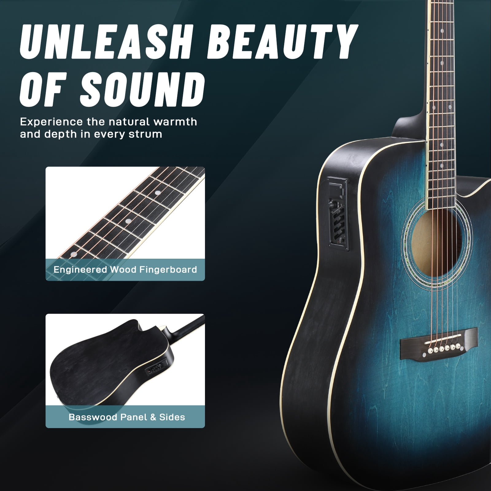 41-Inch Basswood Top Matte Binding Folk Guitar, Equipped With 10w Amplifier, Gig Bag, Tuner And Other Accessories, Blue Rubbed