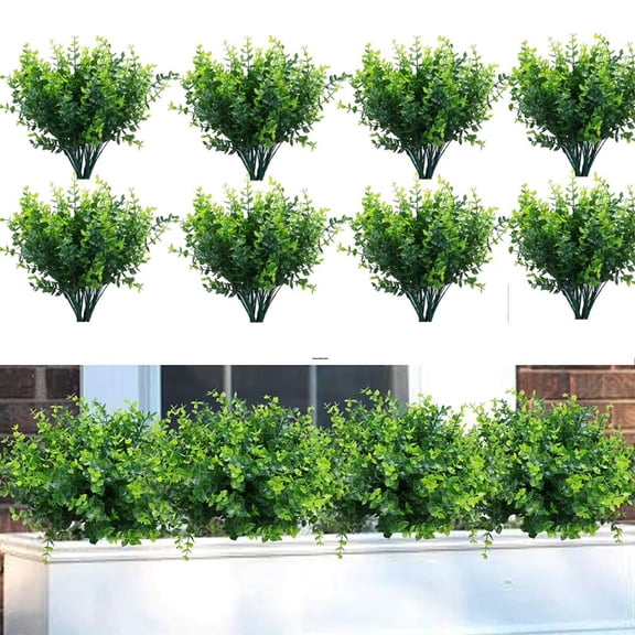 8 Bundles Artificial Boxwood Stems 7 flexible stems,Outdoors UV Resistant Plastic Faux Plants,Fake Foliage Shrubs Greenery for Garden,Office,Patio,Wedding,Farmhouse Indoor Decoration