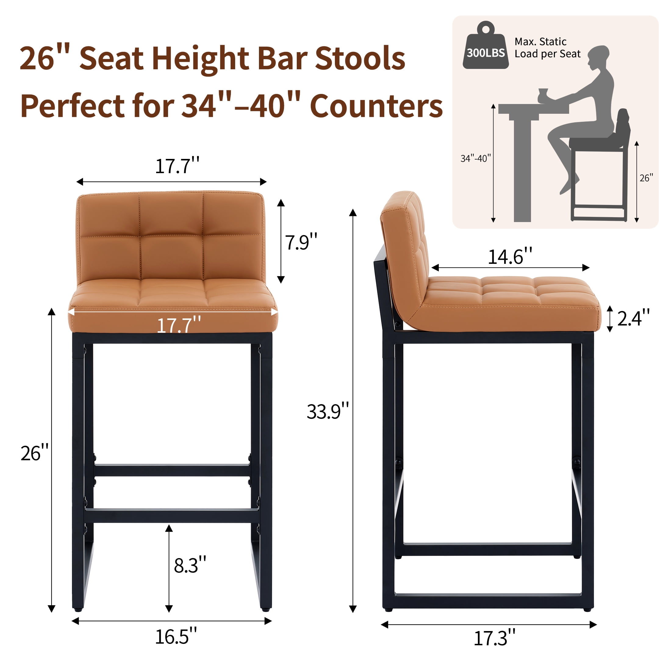 FIRAVOE Bar Stools Set of 2, Counter Height Bar Stools (Low Back)(Thickened Frame) 26" PU Leather Barstools Bar Chairs for Kitchen Island, Caramel Brown
