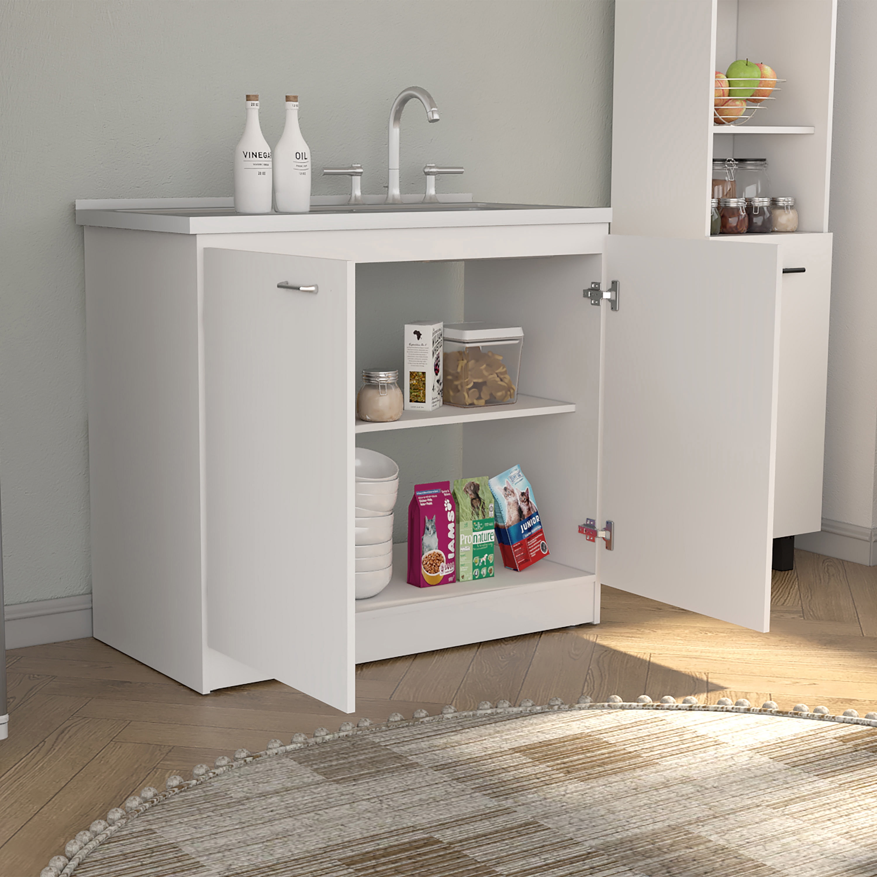 Rainlex Napoles 39" White Utility Sink Cabinet with Stainless Steel Basin, Double Doors & Shelf Storage – Freestanding Cabinet