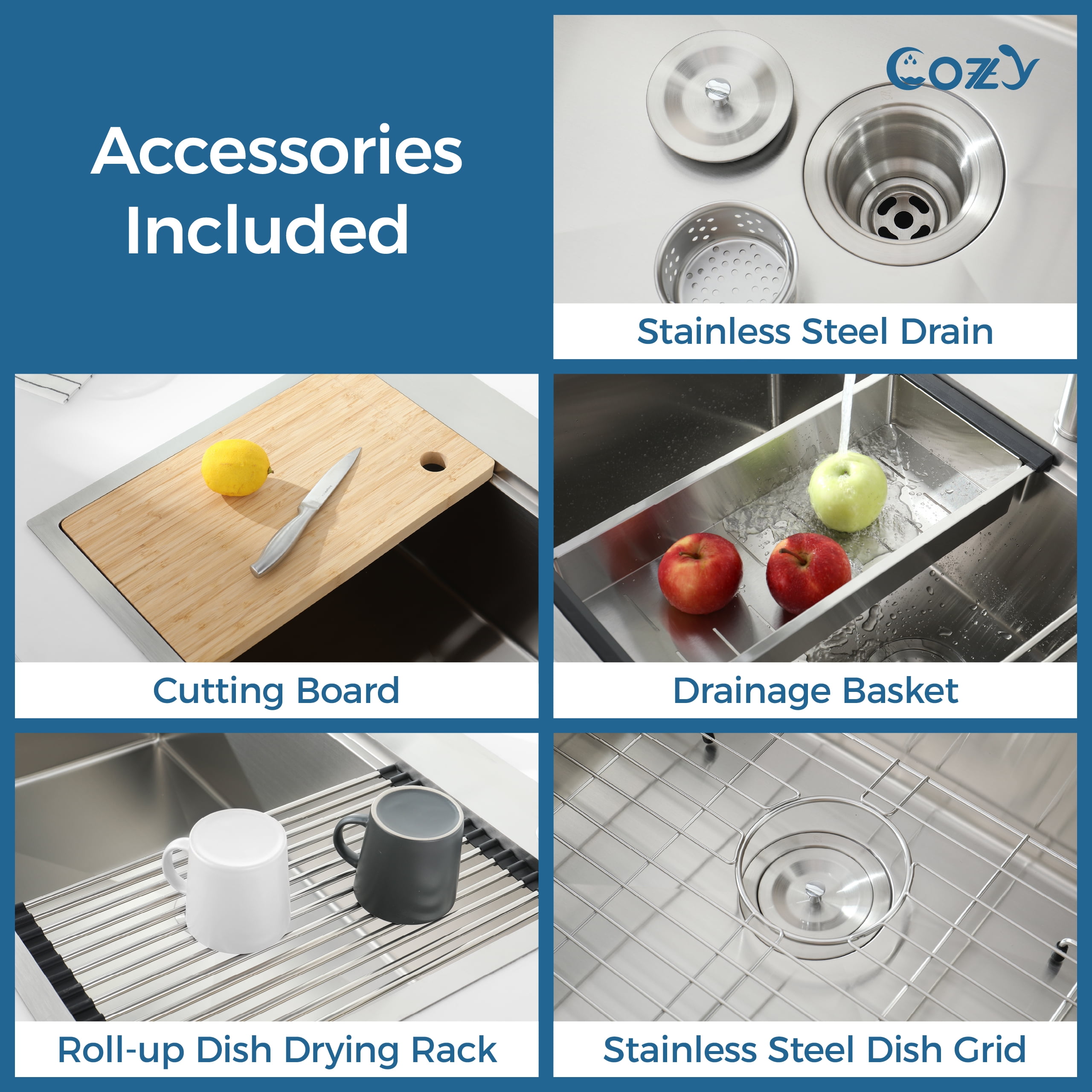 COZY Stainless Steel Kitchen Sink, Single Bowl, Overmount Handmade Sink, with US Standard Drain and Hook.