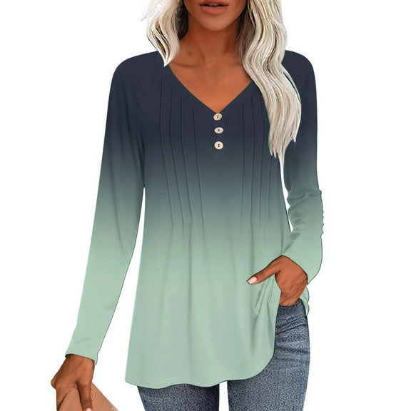 JGNGSHN Women's Long Sleeve Tops Casual V-Neck Button Pleated Shirtstie Dye Print Blouses Fashion T-Shirt