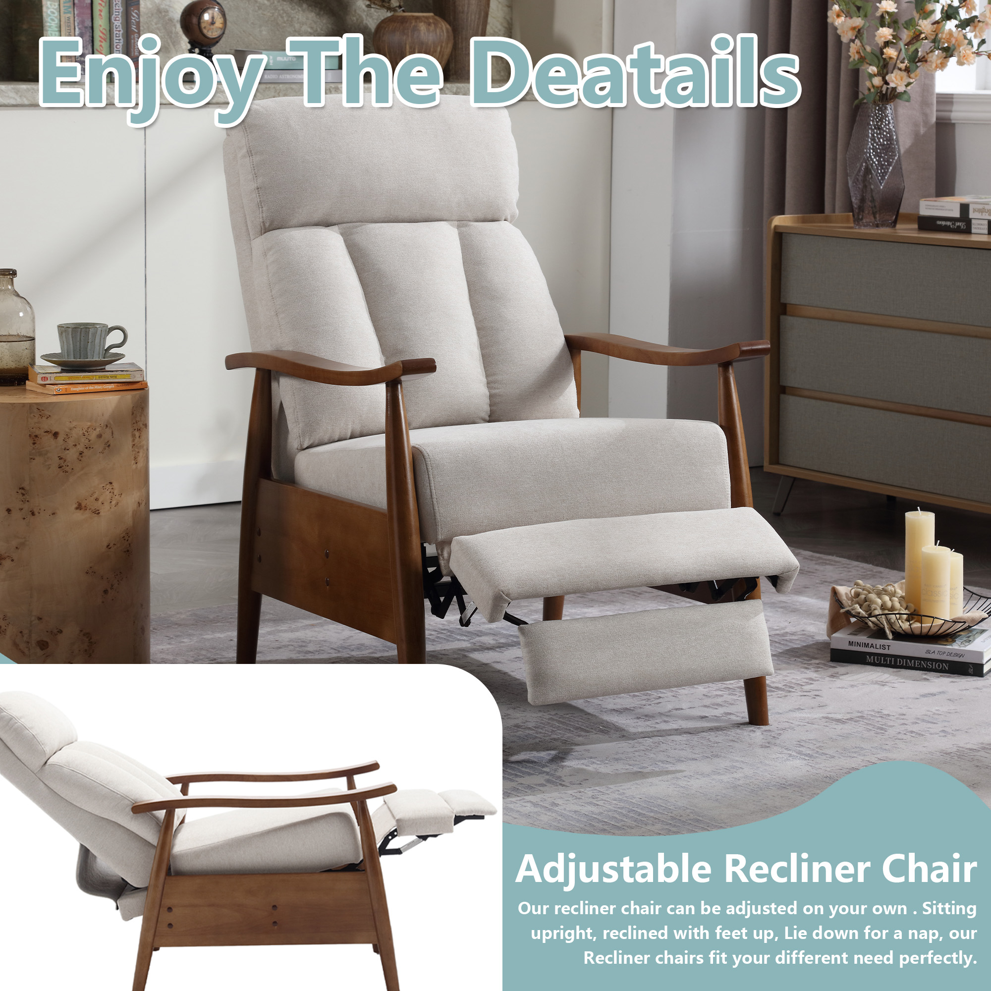 MOONMISS Linen Upholstered Wood Frame Adjustable Recliner Lounge Armchair for Living Room-Beige