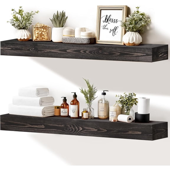 36x3x7 inch Floating Shelves Wall Mounted - Set of 2 Black Rustic Solid Wood Wall Shelf - Heavy Duty Decorative Storage Shelves for Living Room, Bedroom, Bathroom, Kitchen