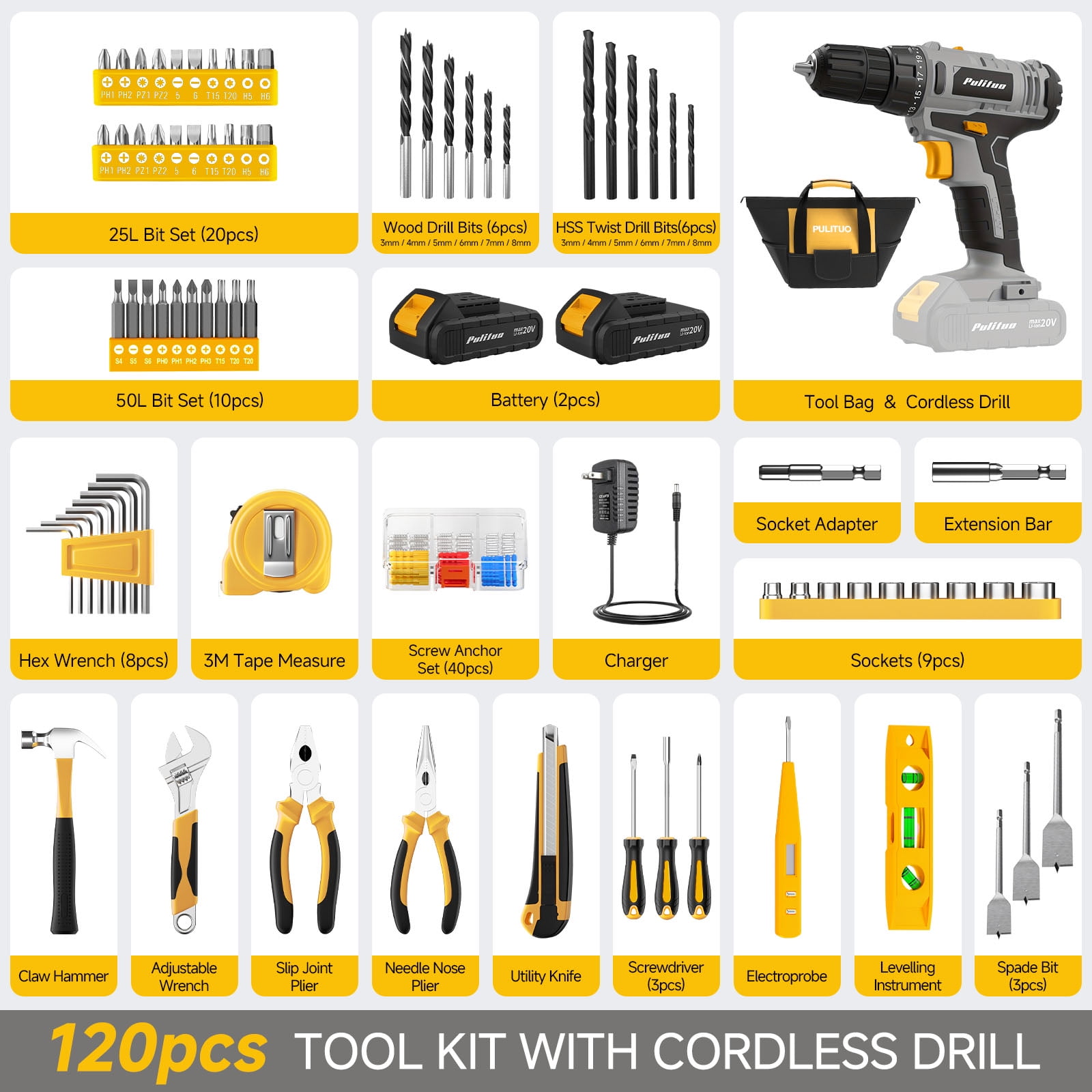 Pulituo 20V Cordless Drill Driver Kit, Home Tool Set with 20V Lithium-Ion Drill, 2pcs Battery, 120PCS All-Purpose Kit, 21+1 Torque, 2-Speed, DIY & Home Repairs Yellow