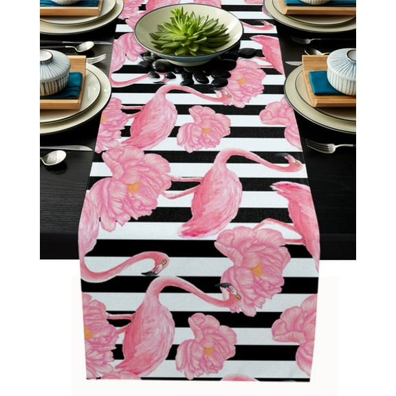 Table Runner Dresser Scarves 90 Inch Long, Summer Tropical Flamingo Pink Flower Linen Dining Table Runners Black White Striped Tabletop Scarf for Wedding Holiday Party Kitchen