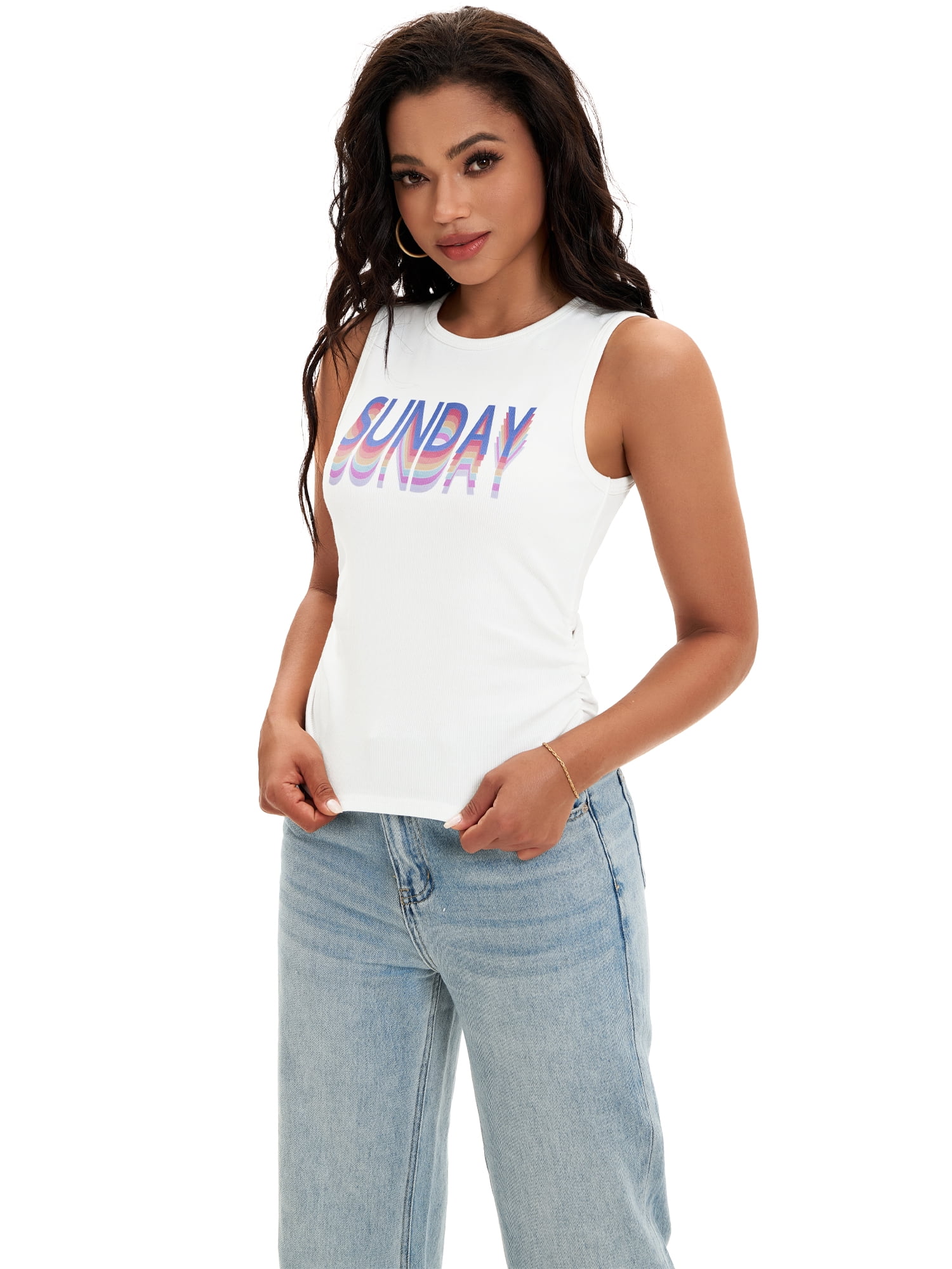 DARING DIVA Women's Summer Ribbed High Neck Casual Basic Tank Tops S White Print