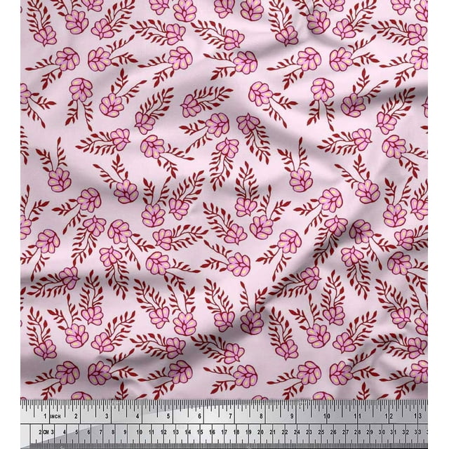 Soimoi Moss Georgette Fabric Leaves & Floral Block Printed Fabric 1 Yard 42 Inch Wide