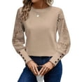 thumbnail image 3 of Women'S Solid Color Long Sleeve Embroidered Lace Stitching Waffle Round Neck Top Apricot XL, 3 of 8