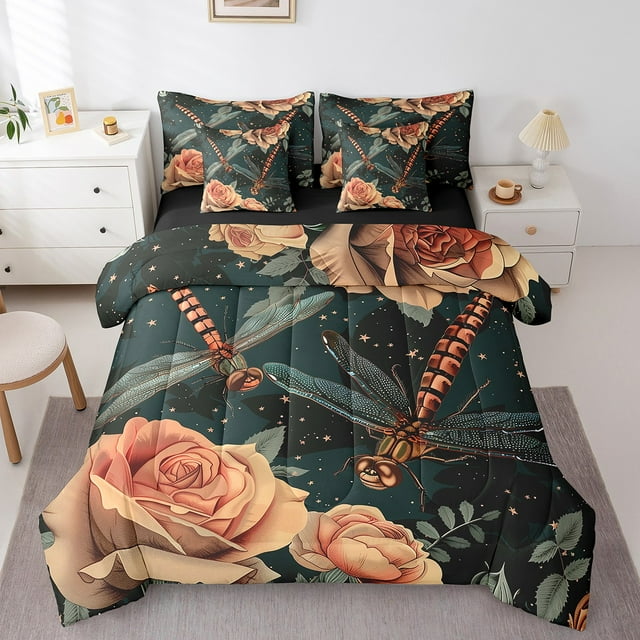 YST Ensemble de Douillette Libellule 7 Pcs, Format Double – Literie Rétro à Fleurs et Roses avec 1 Douillette, 1 Drap Plat, 1 Drap-Housse, 2 Taies d'Oreiller et 2 Couvre-Oreillers