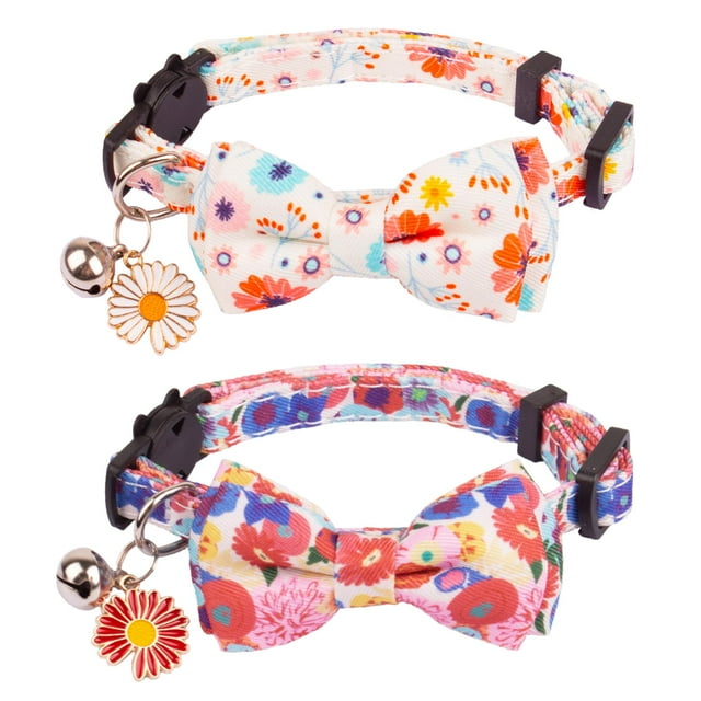 Collar floral para gato con cascabel de pajarita, paquete de 2 lindos collares de gato con flores y pajarita extraíble (floral)