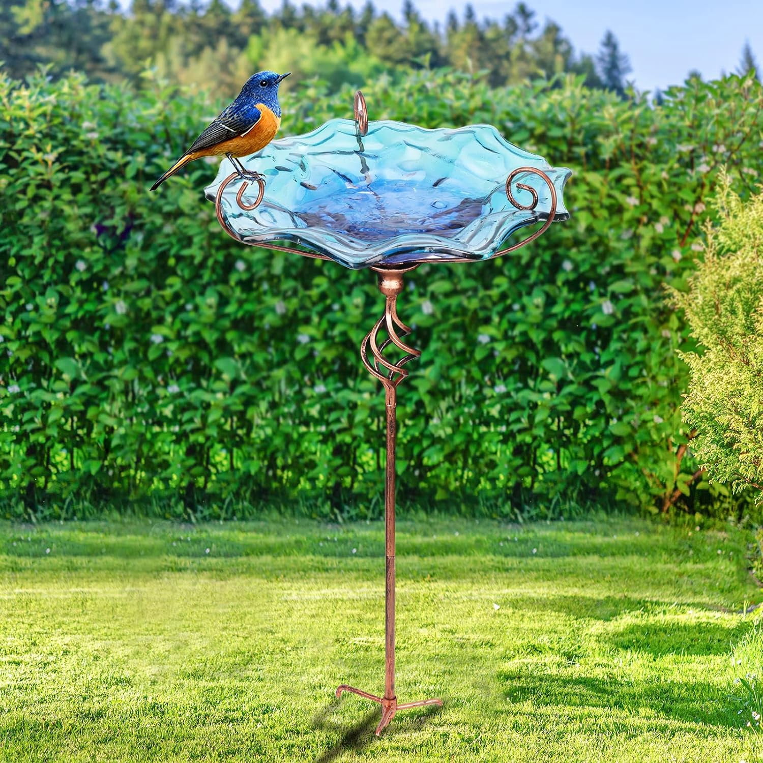Bird Baths for Outdoors, Glass Bird Bath Bowl with Metal Birdbaths for The Garden Outside, Blue, 31 Inch Height