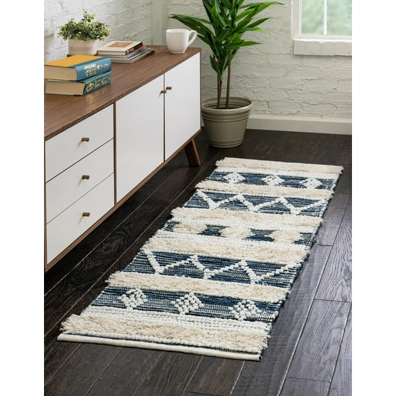 2.5' x 10' Ivory and Navy Blue Tribal Hand Woven Rectangular Rug Runner
