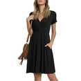 thumbnail image 2 of B91xZ Femmes Été Robe Tunique Casual Flutter Manches Courtes Cou Smocked Taille Élastique Étagée Robe Midi, Noir L, 2 of 5