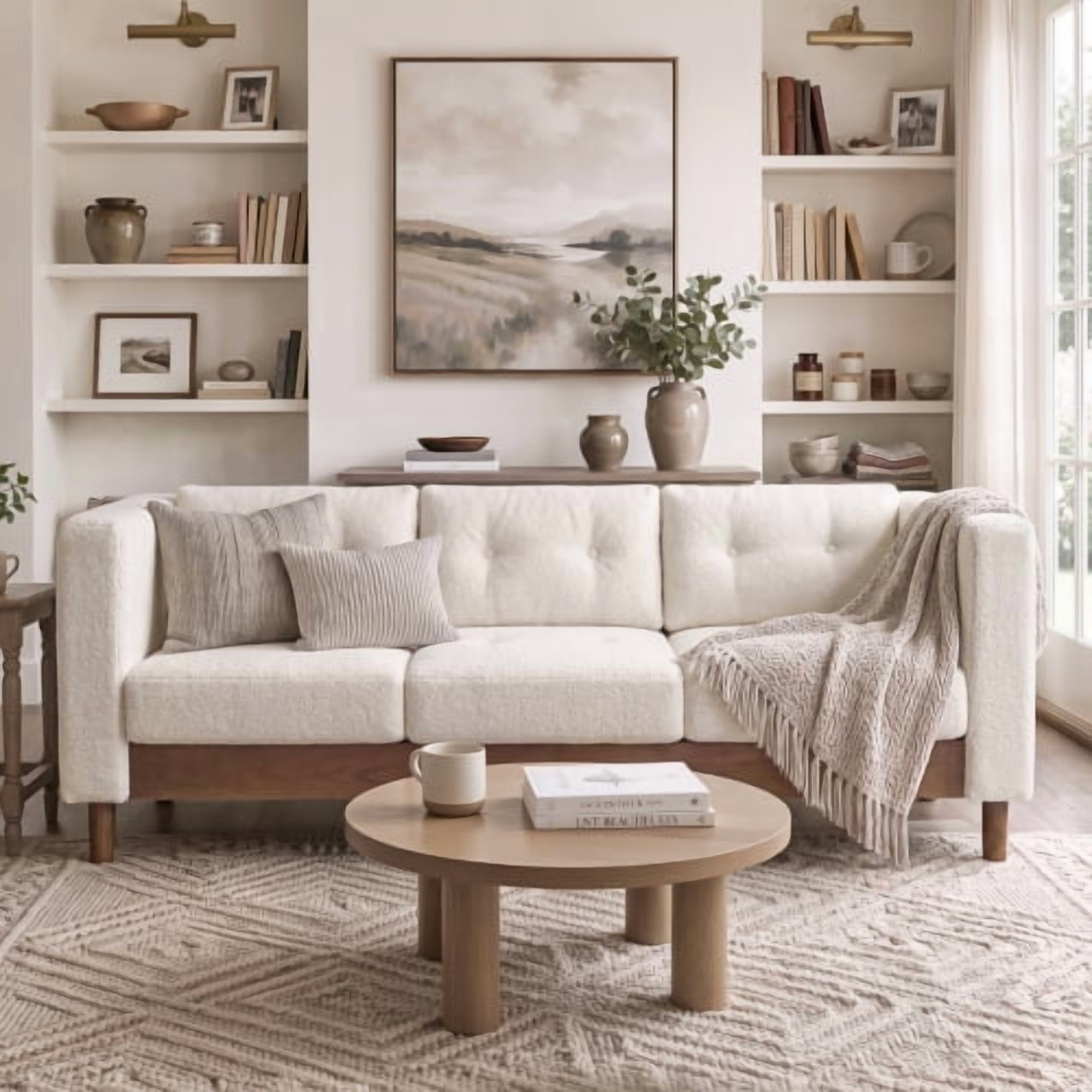 78" Modern 3-Seater Sofa, Chenille Upholstered Couch with Square Arms, Tufted Pillow Back & Walnut Rubber Wood Legs, Multi-Cushion Sofa for Living Room and Apartment, Beige