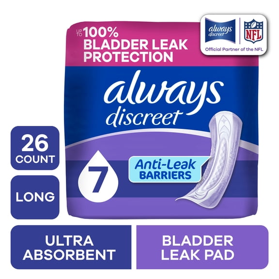 Always Discreet Adult Incontinence Pads for Women, Ultra Absorbent, Long Length, Postpartum Pads, 26 Count