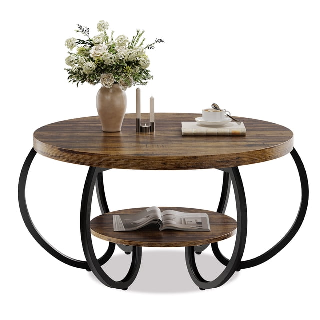 AKDSteel Table Basse Industrielle Ronde de 30 Pouces, Conception à Deux Niveaux avec Pieds Réglables et Tablette de Rangement, Fini Grain de Bois