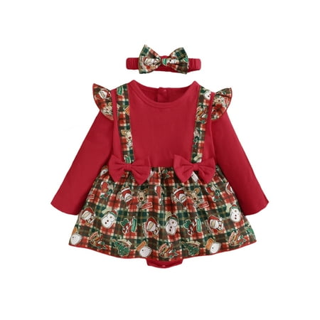 

ZIYIXIN Newborn Baby Girls Christmas Clothes Romper Long Sleeve Ruffle Snowman Print Jumpsuit Headband Set Red 6-9 Months