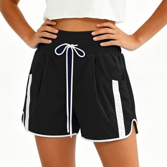 HongQid Women's Athletic Shorts High Waist Drawstring Elastic Waistband Striped Casual Shorts With Pockets,XL