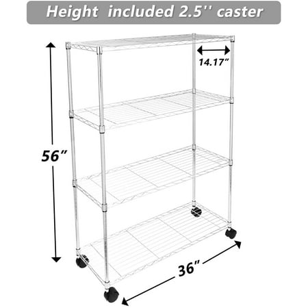

LANTRO JS Heavy Duty 4-Shelf Shelving Unit with Wheel and Adjustable Feet 36 (L) x14 (W) x54 (H) Chrome