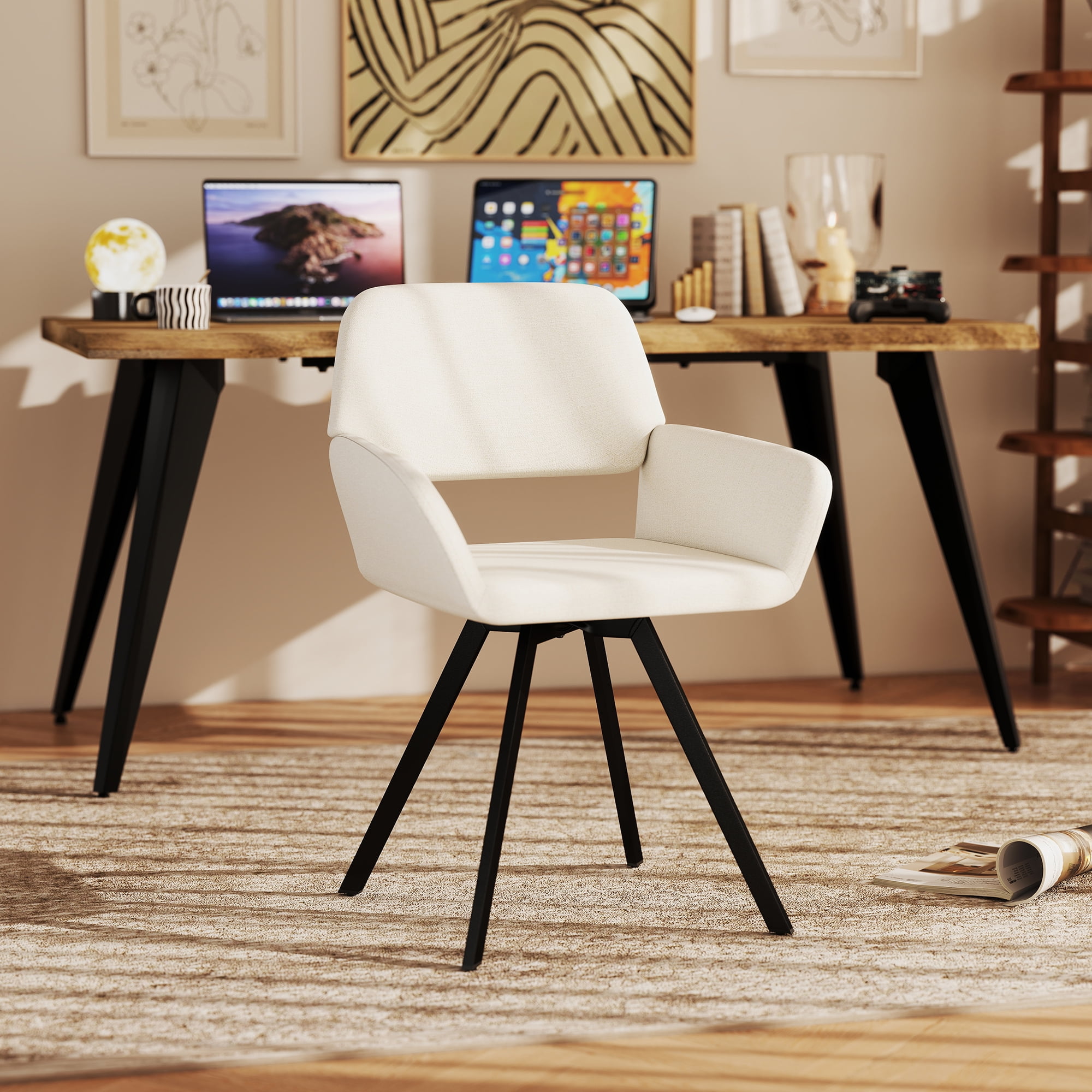 Homy Casa Set of 2 Upholstered Office Desk Chair with Swivel Base Armrests for Modern Home Office, Beige Fabric