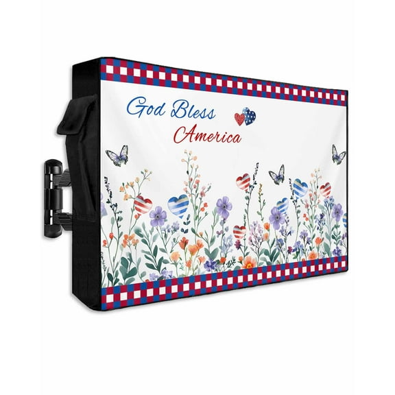 4th of July Outdoor TV Cover 40 to 43 Inch Weatherproof, Independence Day Spring Floral Love Heart Plaid 600D Oxford TV Covers with Waterproof Zipper, Outside Flat TV Screen Protector 40"Wx25"Hx4.5"D