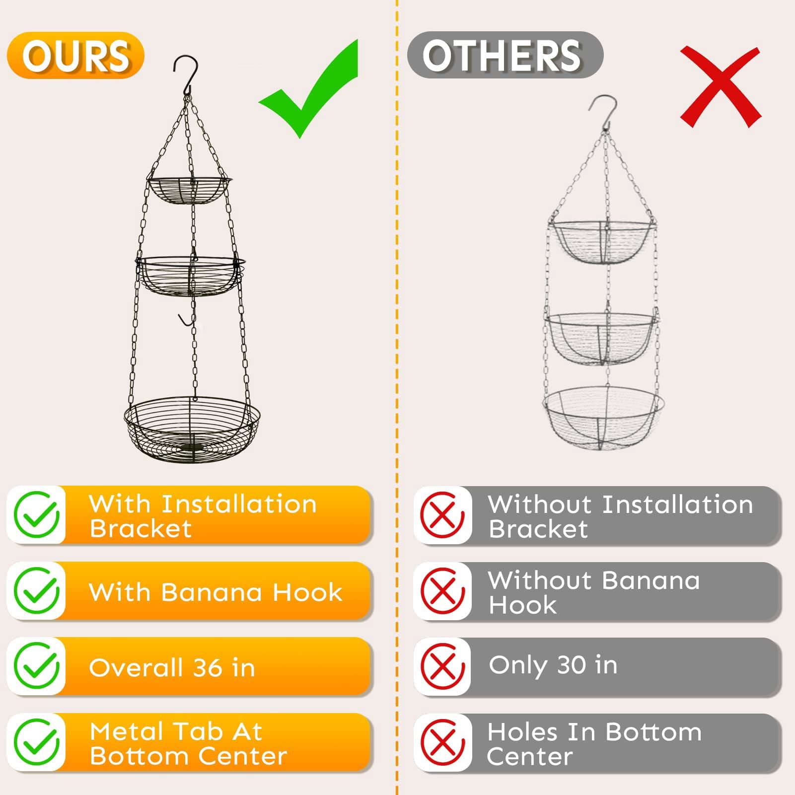 3 Tier Hanging Fruit Basket with Banana Hook, Heavy Duty Wire Hanging Baskets for Kitchen Storage, 36 Inch Hanging Vegetable Produce Basket Organizer (Including Installation Bracket)