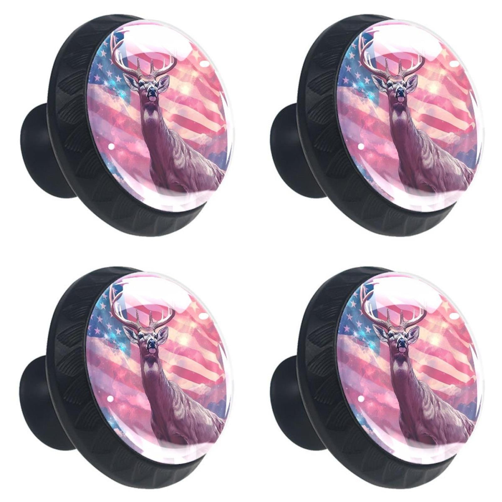 4 Pcs Deer and American Flag Knobs for Kitchen Cabinet Cupboard Dresser Bookcase Drawer Pulls Handles Round Home Decor