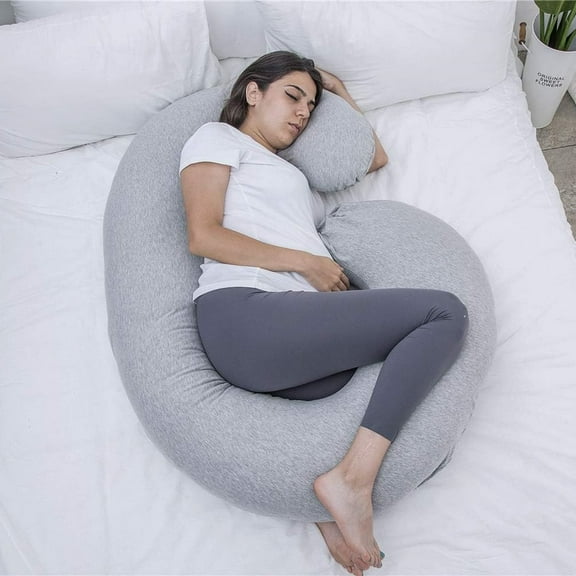 Pregnancy Pillow, C Shaped Full Body Pillow for Maternity Support, Pregnant Women Sleeping Pillow with Jersey Cover (Light Grey)
