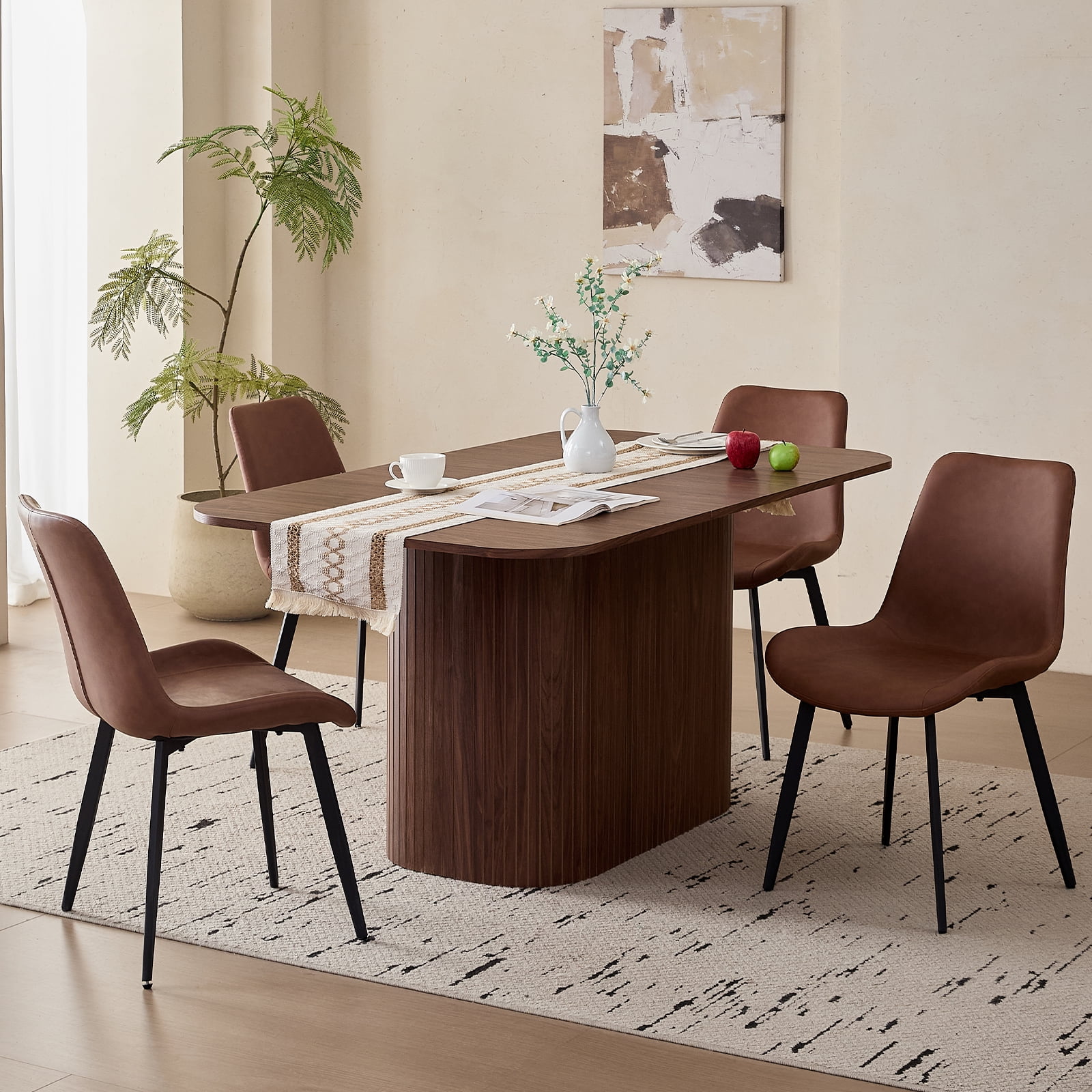 Dining Chairs Set of 4 Modern [Synthetic Leather] Upholstered Kitchen Chairs with Contoured Backrest Metal Legs for Dining Living Room Home, Brown