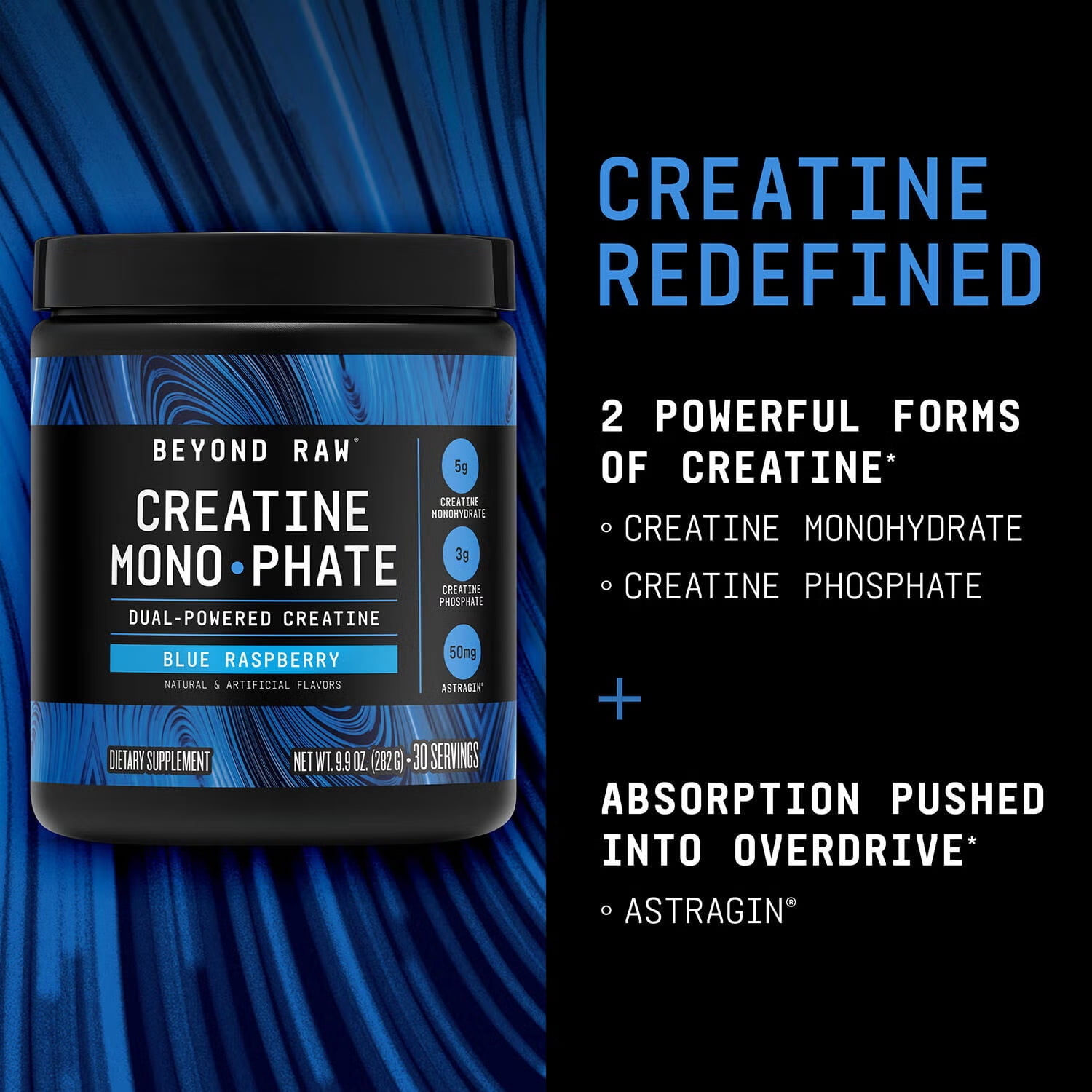 Beyond Raw Creatine Monophate - Duel-Powered with 5g of creatine monohydrate, 3g of creatine phosphate and 50mg of Atstragin, Blue Raspberry (30 Servings)