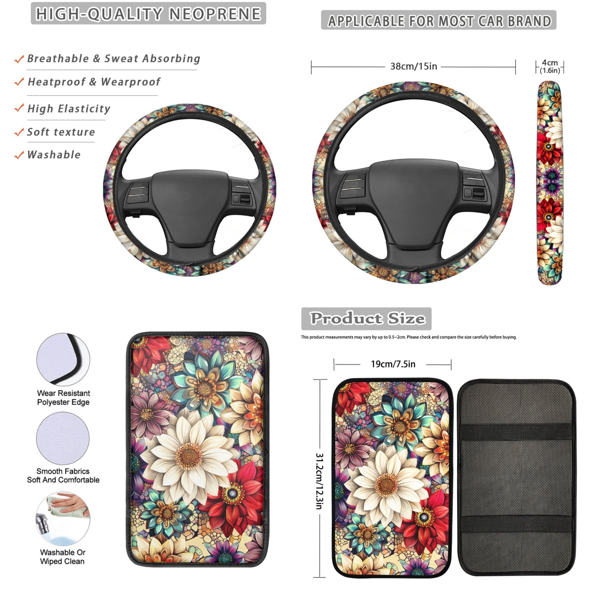 Jeiento Dahlia Car Seat Cover Full Set with Steering Wheel Cover Seat Belt Cover Armrest Cover Coaster Auto Keychain Holder Lip Balm Holder, 13 PCS Automobile Accessories Decor