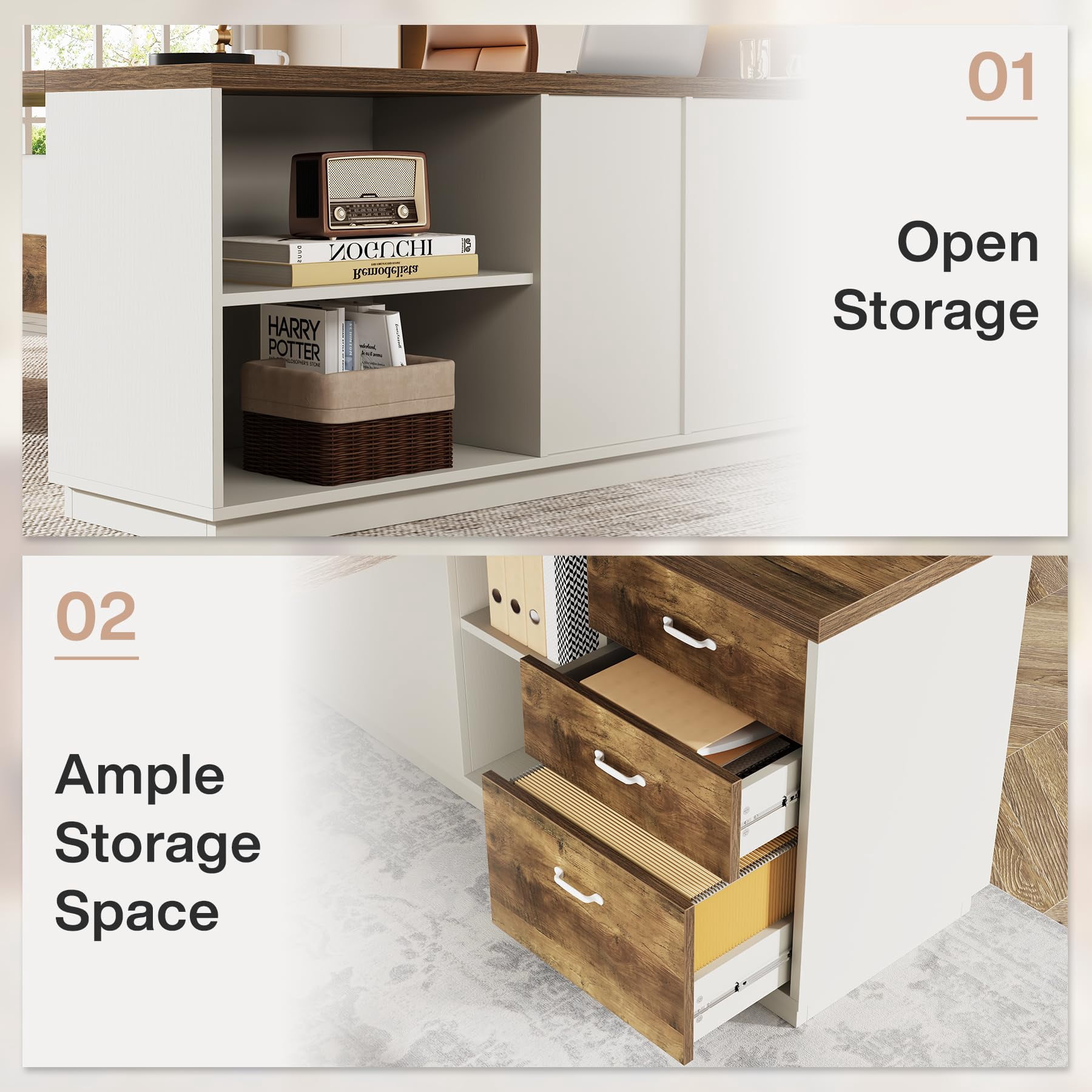 Tribesigns 78-Inch L-Shaped Executive Desk, Large Office Desk with Drawers and Lateral File Cabinet, Modern Computer Desk for Home Office, Brown & White