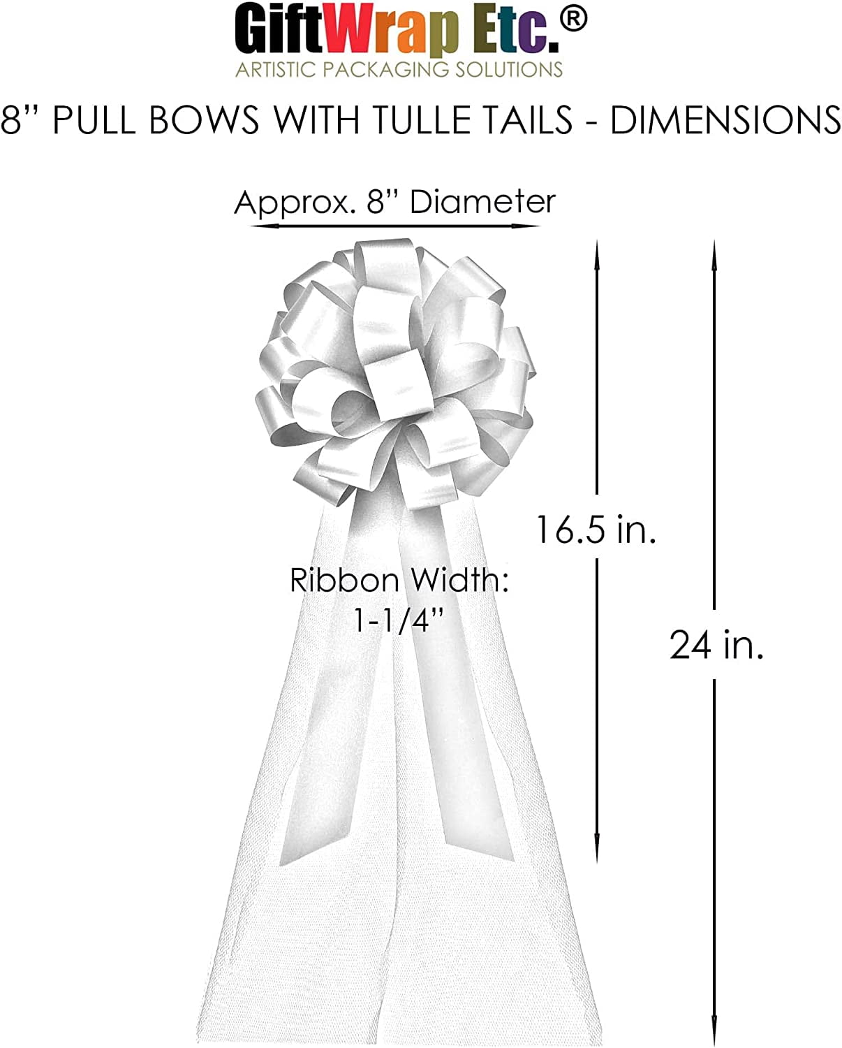 White and Silver Pull Bows with Tulle Tails - 8" Wide, Set of 6, Wedding Pew Bows, Aisle Decoration. Reception, Anniversary