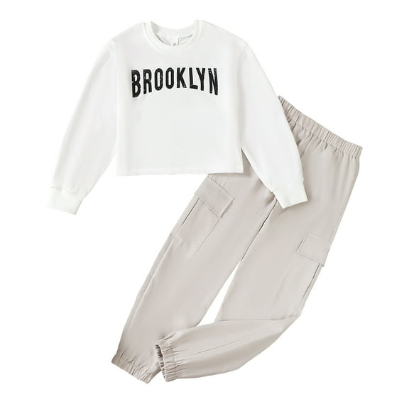 9Y Big Girls Clothes Big Girls Outfits Long Sleeve Letter Print Round Neckline Top Pants 2PCS Girls Fall Winter Clothing Set Apricot