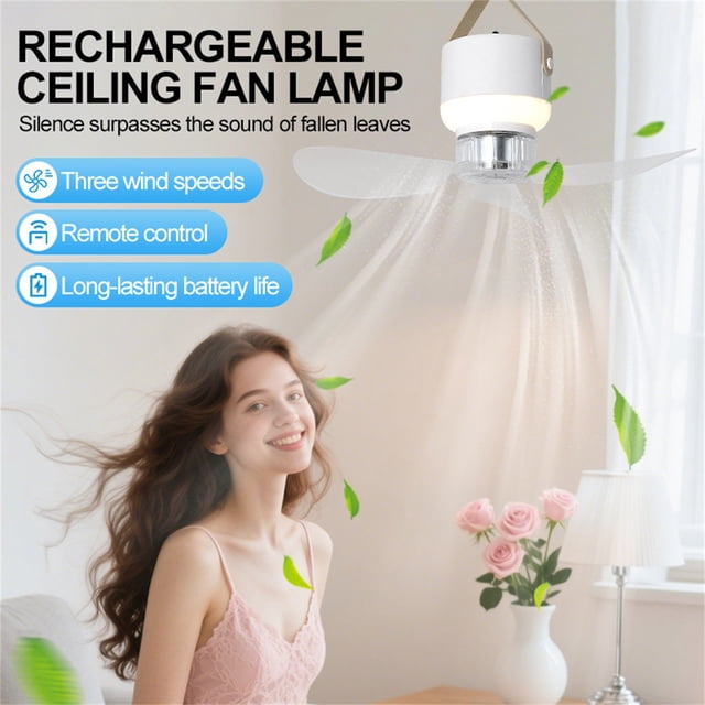 Sktrjpolfis Portable Camping Fan with LED Light Rechargeable Mini Tent Fan 3-Blade Quiet Ceiling Fan for Outdoor Dormitory Use