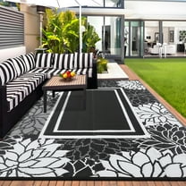 Hasoo 9' x 12' Black & White Outdoor Rug Plastic Straw Border Carpet Waterproof PP Tube Woven Portable Mat for Patio Decor, Balcony, Picnic