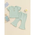 thumbnail image 2 of Suealasg Toddler Girl Summer 2 Piece Outfits Set 6M 1T 2T 3T 4T Baby Girl Clothes Solid Color Ribbed Short Sleeve T-Shirt and Elastic Flare Pants for Kids Girl, 2 of 9