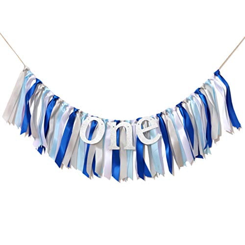 Blue White and Silver High Chair Banner - Baby Boy First Birthday Banner.  Smash Cake Photo Props Birthday Party Decoration. 1st Birthday Photo  Background. (Blue) (Blue Ribbon Banner) 