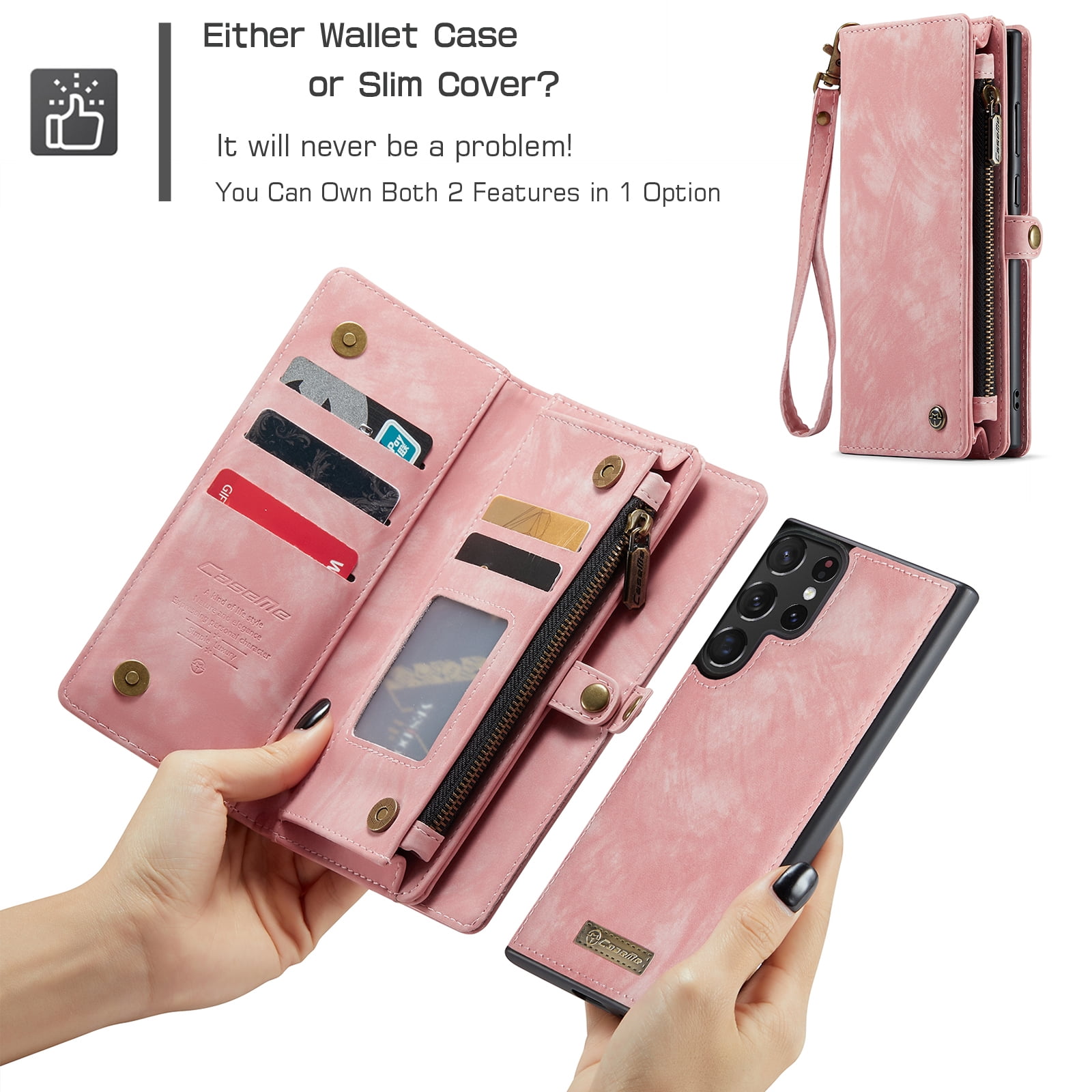 Feishell Durable 2- In-1 Magnetic Detachable Wallet Case for Samsung Galaxy S24 Ultra,for Women Men,Premium PU Leather Zipper Pocket Flip Multi Card Slots Purse Phone Case with Wrist Strap,Pink