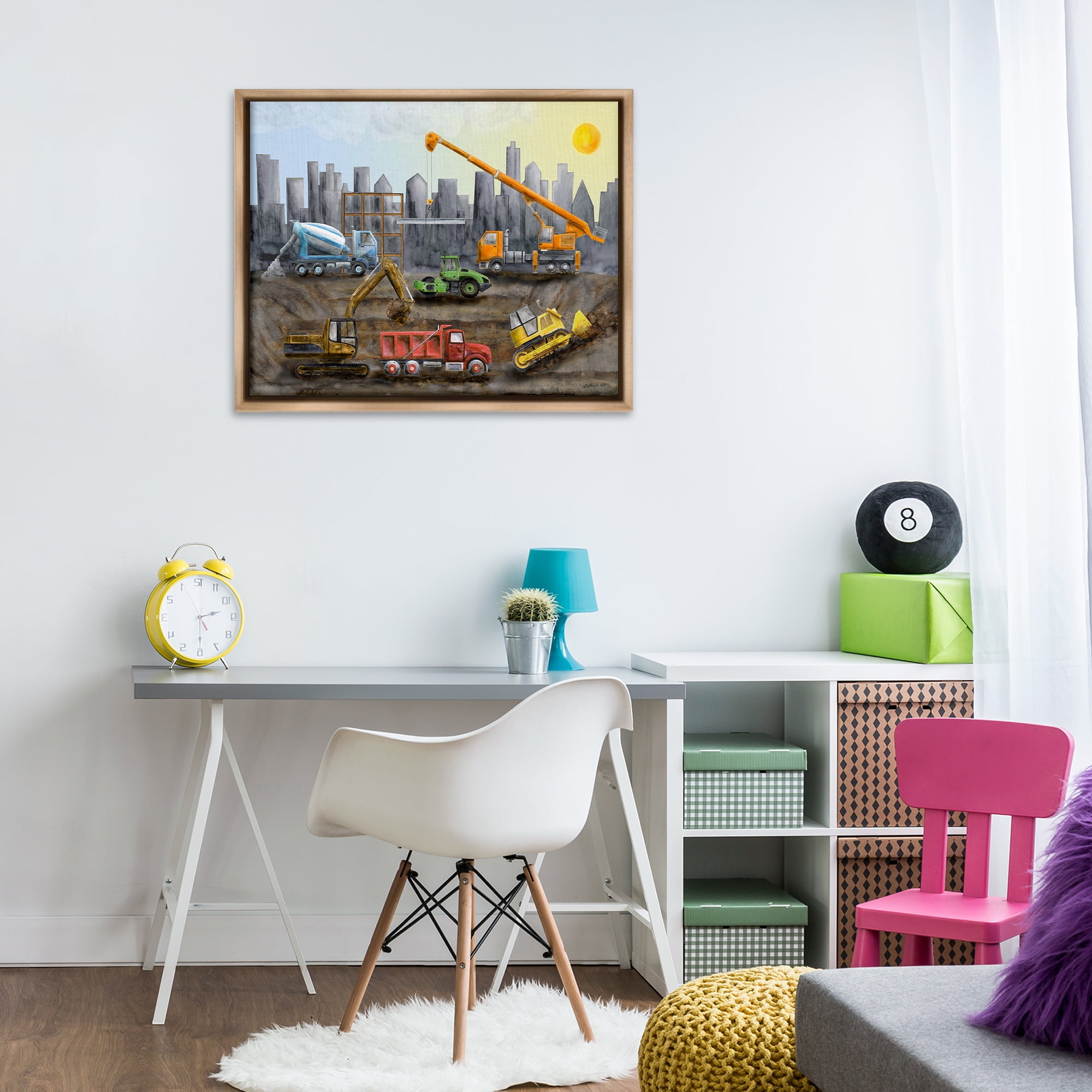 Stupell Industries Construction Trucks Skyline Transportation Painting Brown Floater Framed Canvas Art Print Wall Art, 31 x 25