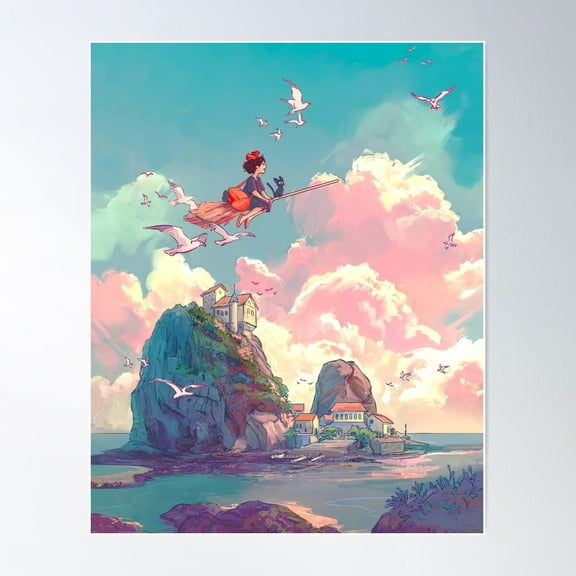 Cool Cute Kawaii Art Girl Kiki'S Go -%[Ghiblis]%- Flying Away Anime Poster Wall Art, Modern Wall Decor For Living Room Bedroom, 8x12 UNFRAMED